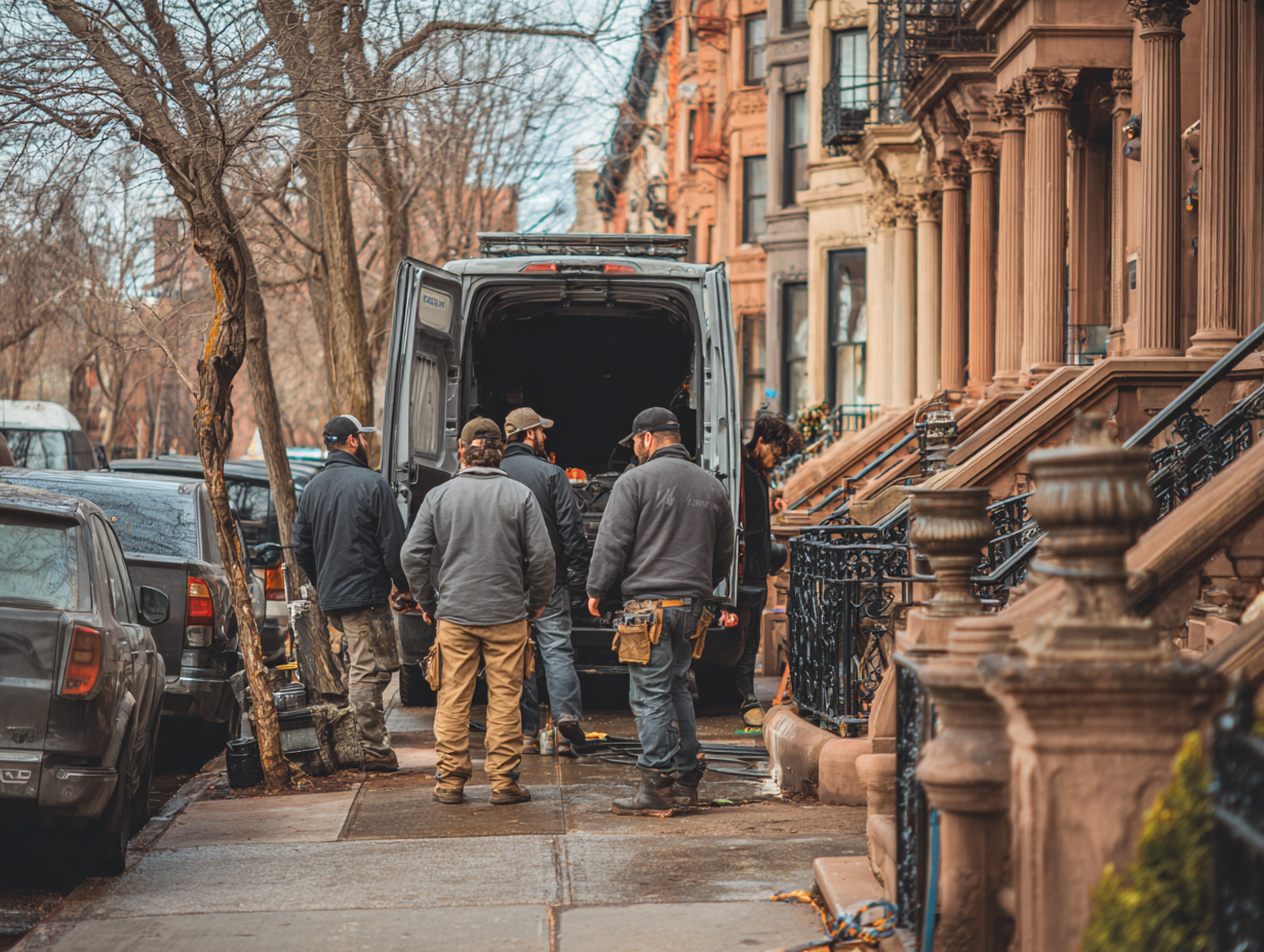 Soundproofing technicians unloading equipment from a work van on a Brooklyn brownstone street.